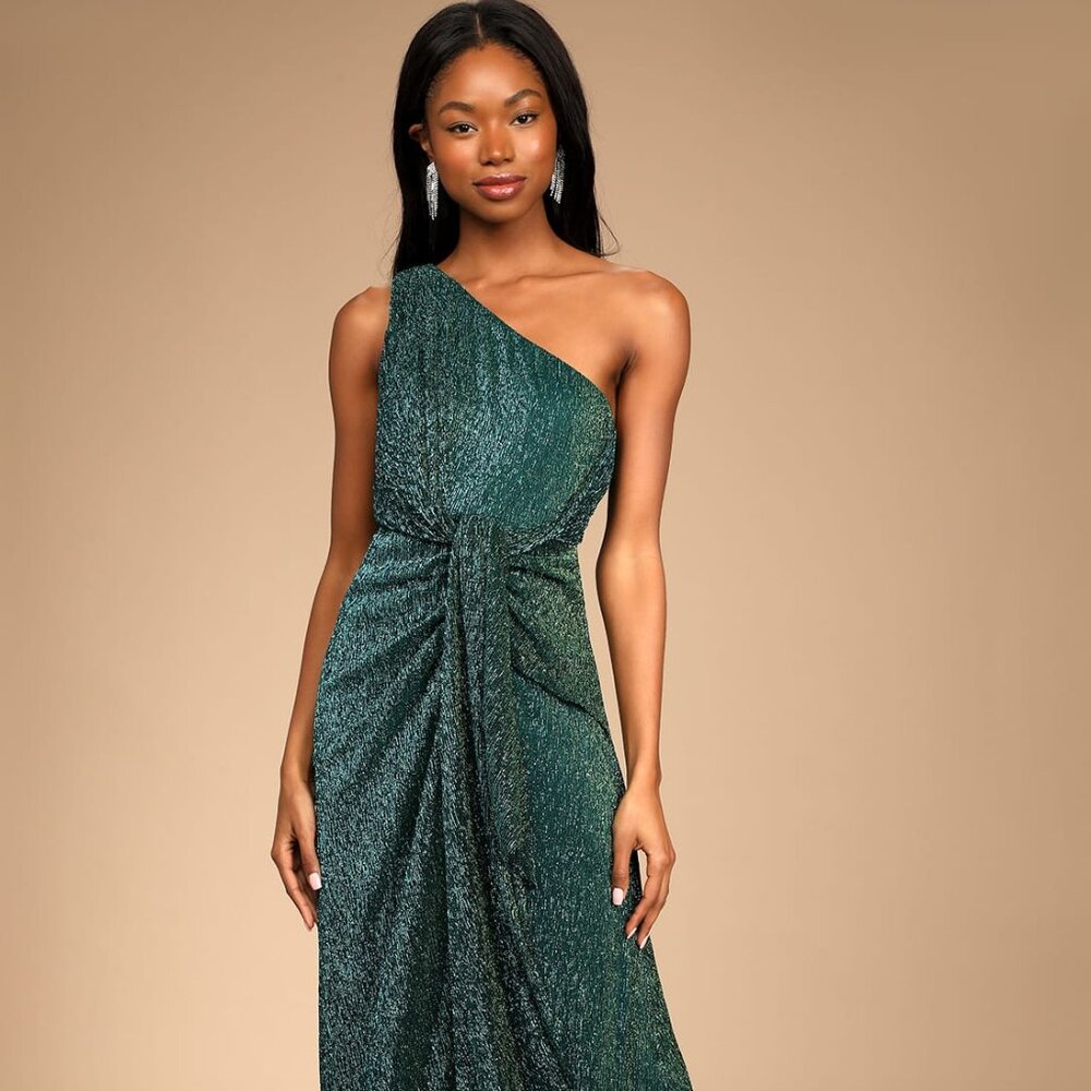 Lulu's Metallic Teal Green One-Shoulder Formal Dress